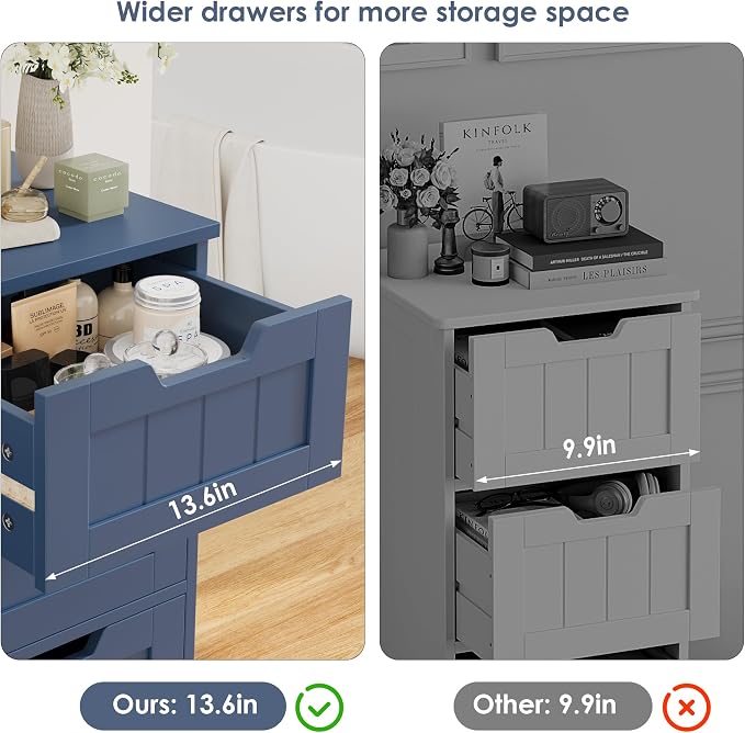 FOTOSOK Bathroom Cabinet, Bathroom Storage Cabinet with 5 Drawers, Wooden Storage Cabinets with Cut-Out Handles, 11.8” x 15.7” x 40.1” Bathrooms Floor Cabinets for Hallway/Living Room, Blue