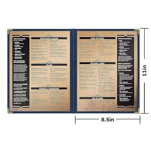 Goodsmart Restaurant Menu Covers - 25 Pack Blue 8.5" x 11", 2-Page/4-View, Side-Loading Vinyl Menu Holders, Clear Sleeves, Double-Stitched Edge, Leather-Style Café Menu Covers with Gold Corners