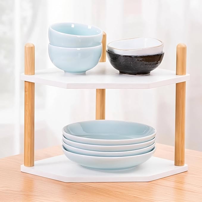2-Tier Expandable Bamboo Corner Shelf - Dish/Plate Organizer for Cabinet, Kitchen Counter Shelf & Small Kitchen Shelf, Adjustable (6.7" H-White, 2-Tier)