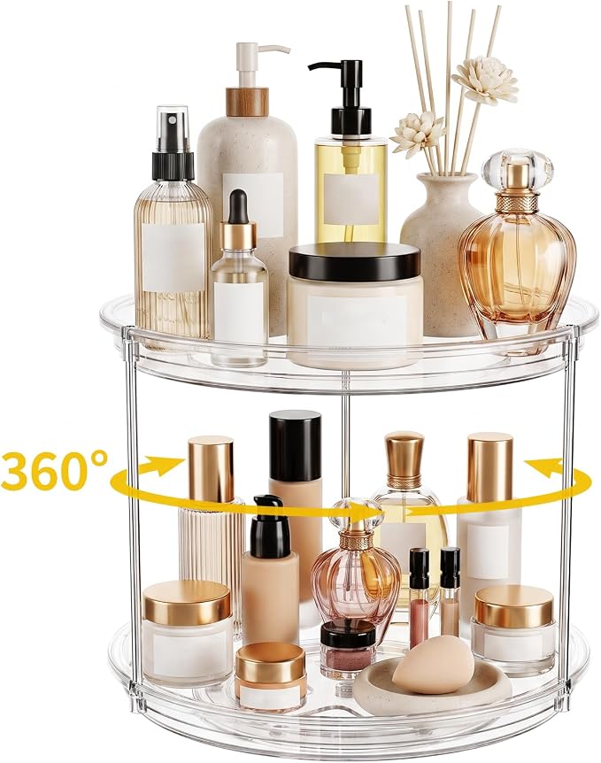 360° Rotating Makeup Organizer 2 Pack 2 Tier 9" Clear Lazy Susan Turntable Skincare Perfume Organizer Bathroom Countertop Vanity Tray Space-Saving Cosmetic Storage for Dresser