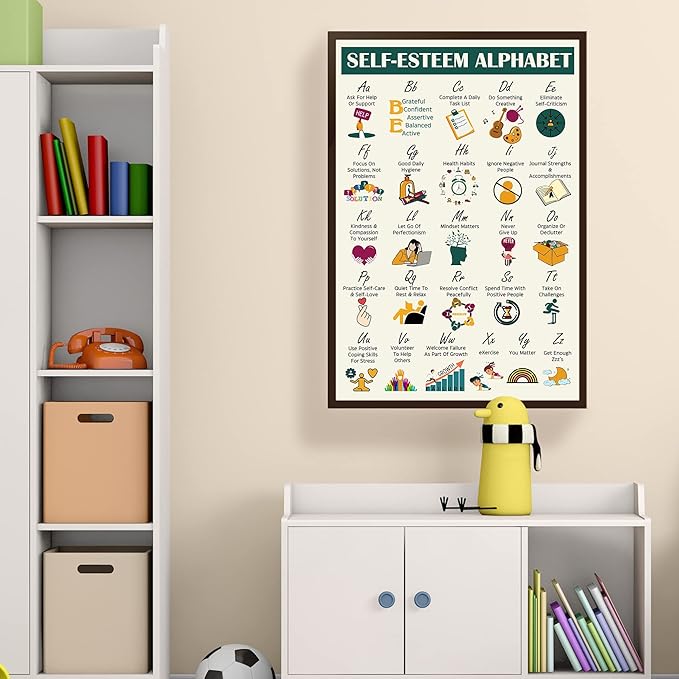 LOLUIS Mental Health Poster, Therapy Educational Supplies Art Print Classroom School Office Decor (Self Esteem Coping Skills Alphabet, Custom Frame Type)