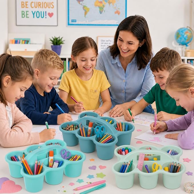 Plastic Caddy with Handle Set of 6 Classroom Caddy Organizer Cup Caddies Water Bottle Storage Crayon Caddies Plastic Cup Holder Drink Carrier for School Home Office Supplies (Boho)