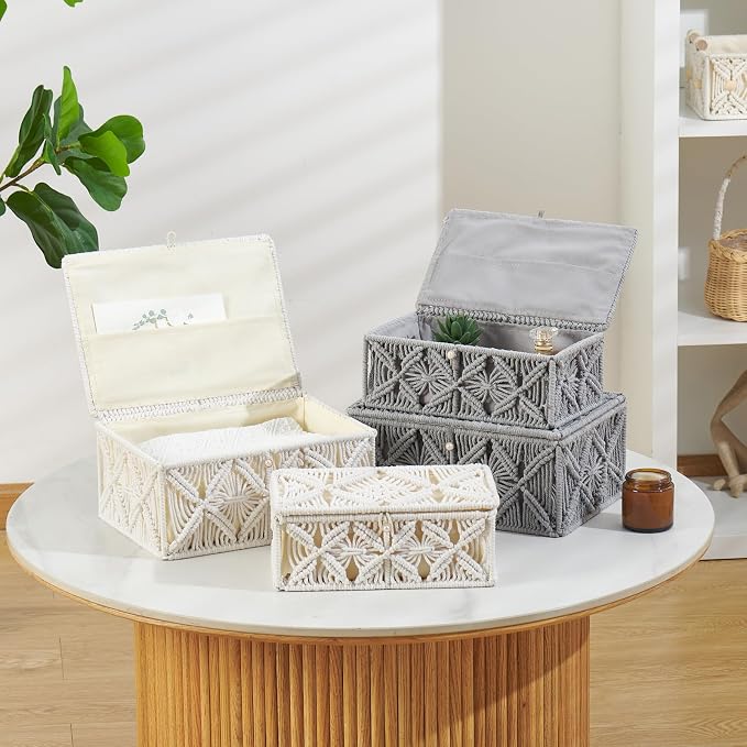 Decorative Boho Storage Baskets with Lid Bohemian Macrame Jewelry Box Handmade Natural Cotton Rope Woven Bins Memory Keepsake Photo Makeup Organizer Shelf Container (Gray, Large)