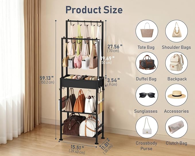 DIMJ Purse Organizer for Closet - Floor-standing Handbag Organizer Rack with 16 Hooks, Purse Storage Shelf Stand for Handbags, Totes, Wallets, Scarves, Bedroom Entryway and Walk-in Closet, Black
