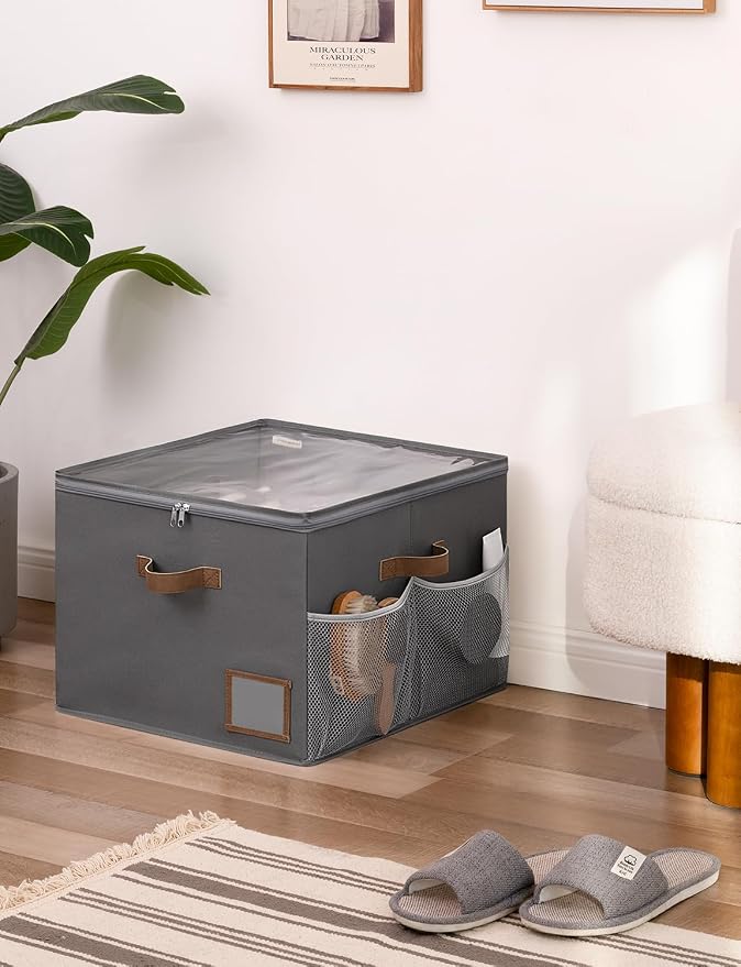 StorageWorks Fabric Shoe Storage Organizer for Closet, Up to 16 Pairs, Gray | Fixed Compartments, Clear Lid & Label Window, Side Mesh Pocket for Accessories, Soft Handles, Fits Flats, Sandals & Low-Tops