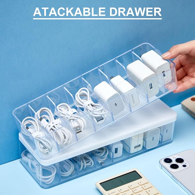 Tatuo 6 Pcs Cord Organizer for Drawer Desktop, Cable Organizer Box with 8 Compartments and Wire Ties, Plastic Charger Storage with Lid, Electronics Case for Home Office Accessories (Small,Clear,White)