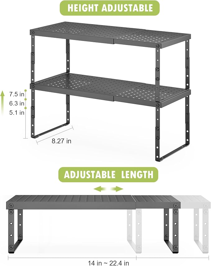RUILALIFE Expandable Cabinet Organizer Shelf With Adjustable Height, Stackable Kitchen Countertop Organizer Rack, Adjustable Shelf Riser For Kitchen Counter, Pantry, Cupboard, Desk, Tabletop
