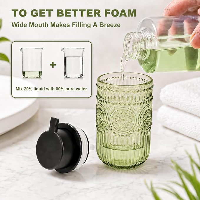 Foam Hand Soap Dispenser Glass, Green Foaming Hand Soap Dispenser | Reusable Foam Soap Dispenser with Black Foam Pump for Bathroom, Kitchen Decor,13.8 oz Large Capacity