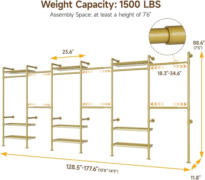 H6 Wall Mounted Closet System, Industrial Pipe Clothes Rack Clothing Racks with 6 Telescopic Rods & 3 Fixing Rods & 9 Shelves, Heavy Duty Closet Organizers and Storage in Wardrobe Closet (Gold)