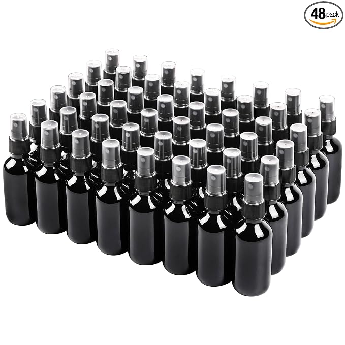 NOOEEISS Black Glass Small Spray Bottle 2 oz 48 Packs,Fine Mist Sprayer Small Clear Bottles,Refillable Containers mini spray bottles for Cleaning Solutions and Skin Care (Black 48pcs)