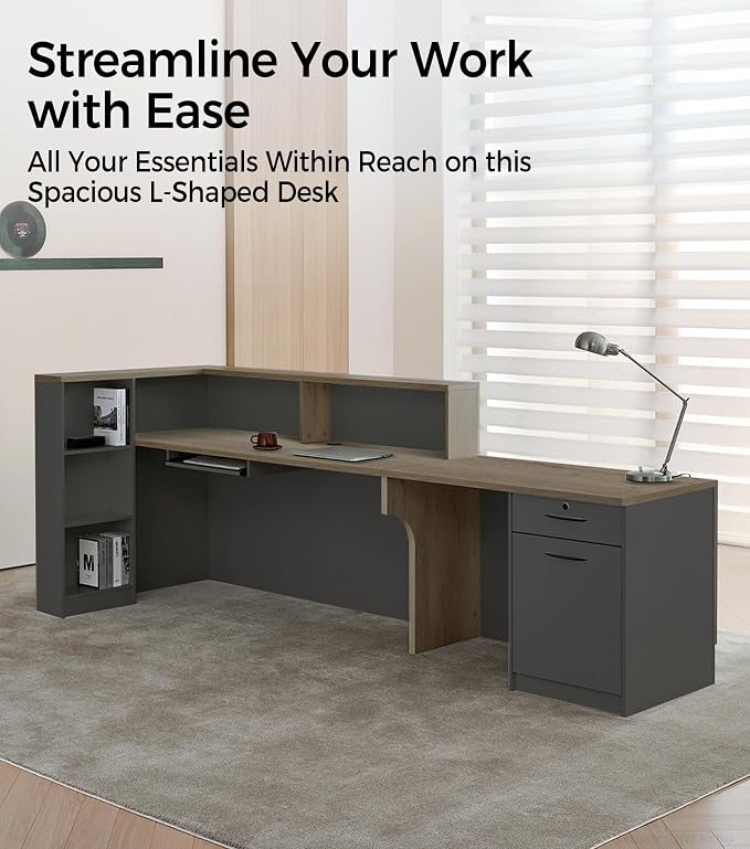 Modern L-Shaped Reception Desk with Counter - 63 Inches Front Desk with Storage Cabinet, Open Shelves, Lockable Drawer & Keyboard Tray for Office, Lobby, Checkout (Tobacco Wood & Iron Gray - Left)