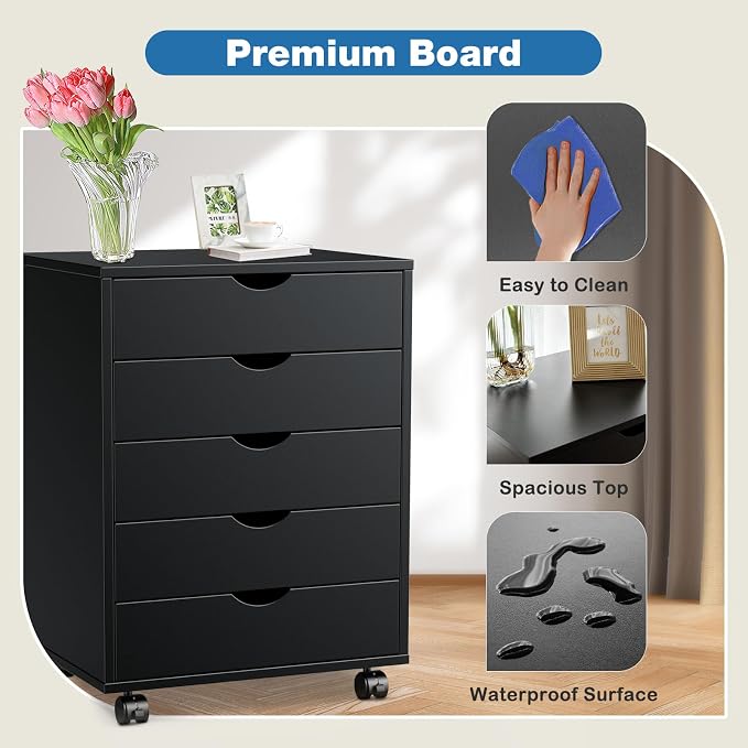 OLIXIS 5 Drawer File Cabinet with Wheels, Under Desk Storage Printer Stand | 15.75"D x 18.74"W x 25.39"H, Holds Printer, Office Supplies, Not For Hanging Files, For Home Office Study Use Balck
