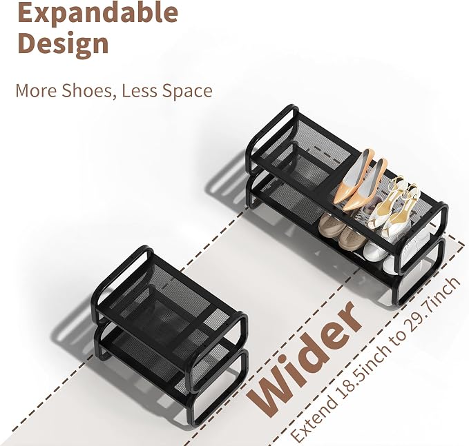 2 Tier Shoe Rack - Expandable Shoe Organizer for Closet, Adjustable Metal Shoe Shelf Storage, Stackable Long Shoe Stand Holder for Garage, Entryway, Door Entrance
