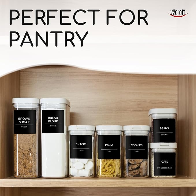 168 Pantry Labels for Food Containers, Minimalist Black Matte Stickers White Fine Line Text,Preprinted Waterproof Label for Glass Jars, Bottles & Canisters,Pantry Organization Storage