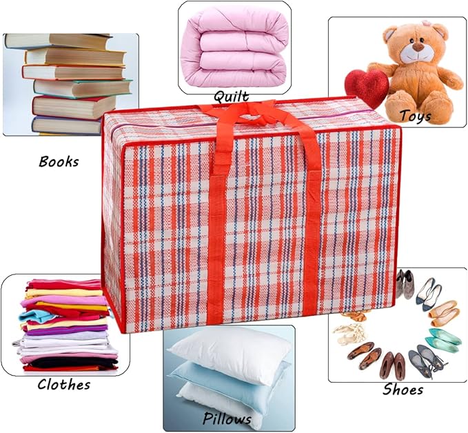 Heavy Duty Jumbo Moving Bags, 168L Oversize Organizer Storage Bags With Durable Zippers for Clothes Comforter Pillow, Water-proof Totes for Carrying Camping Bedding (Set of 4) Red