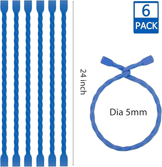 6 PCS 24-Inch Silicone Cable Ties Dia 5mm Reusable Steel-Core Rubber Twist Ties Bendable Cable Ties for Bundling and Holding, All Purpose Cord Tie for Indoor and Outdoor (Blue)