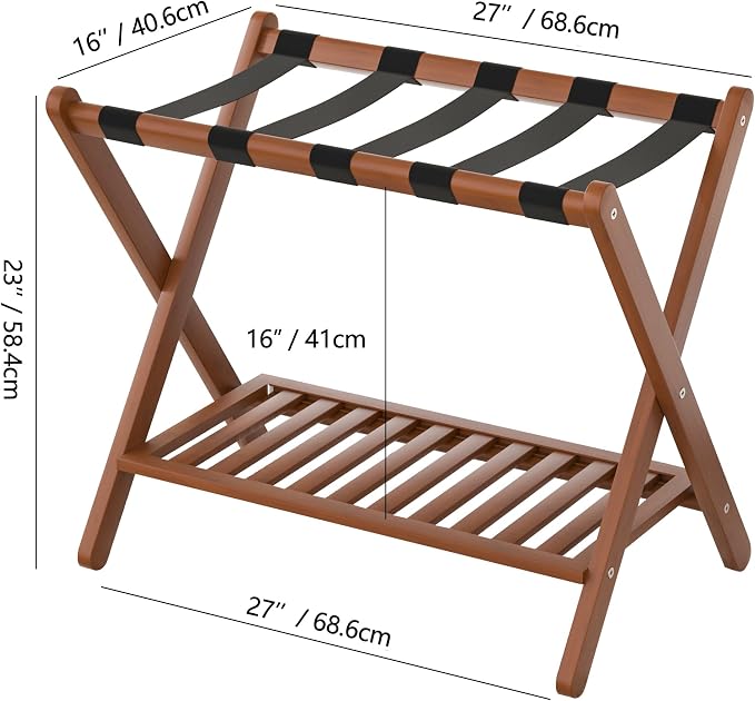 Luggage Racks Set Of 2 Suitcase Stand Foldable With Storage Shelf For Guest Room Hotel Essentials Solid Bamboo Heavy-Duty Item Holder Chestnut Brown