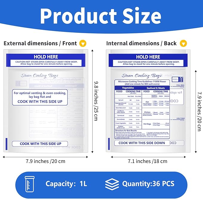 36 Pcs Zipper Steam Bags Reusable Microwave Steam Cooking Bag Frozen Food Steamer Bag Microwave Steam Bags for Vegetables Potatoes Meat (36)