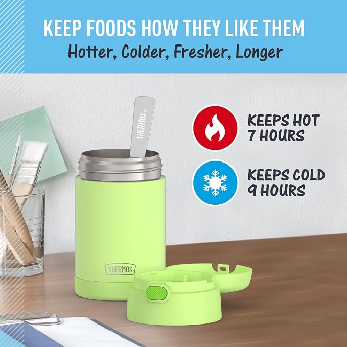 THERMOS FUNTAINER 16 Ounce Stainless Steel Vacuum Insulated Food Jar with Folding Spoon, Neon Lime