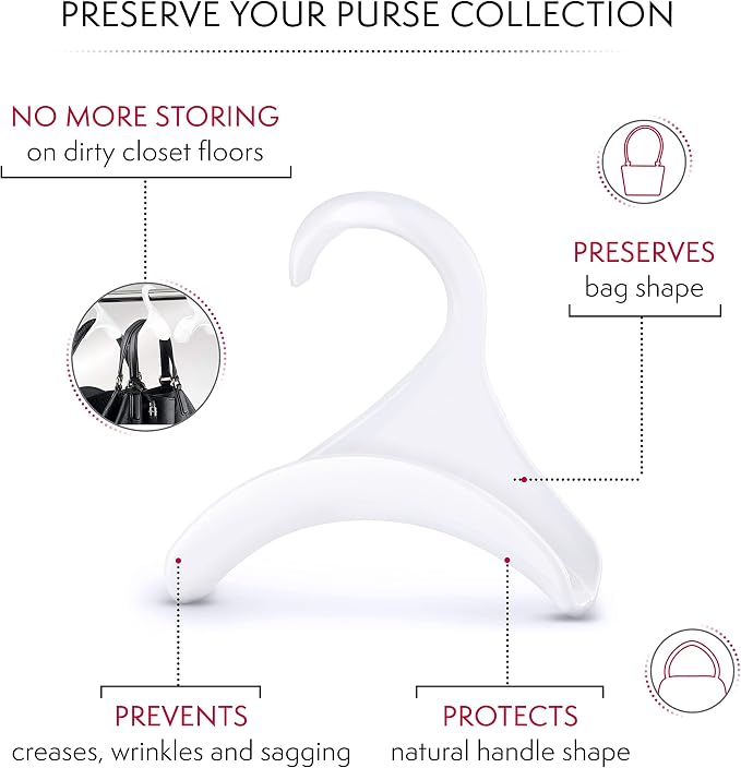 Bag-a-Vie Purse Hanger for Closet - Handbag Organizer Hooks for Hanging Bags & Purses, Protecting Bag Shape & Organizing Space (3 Hangers, White Plastic)