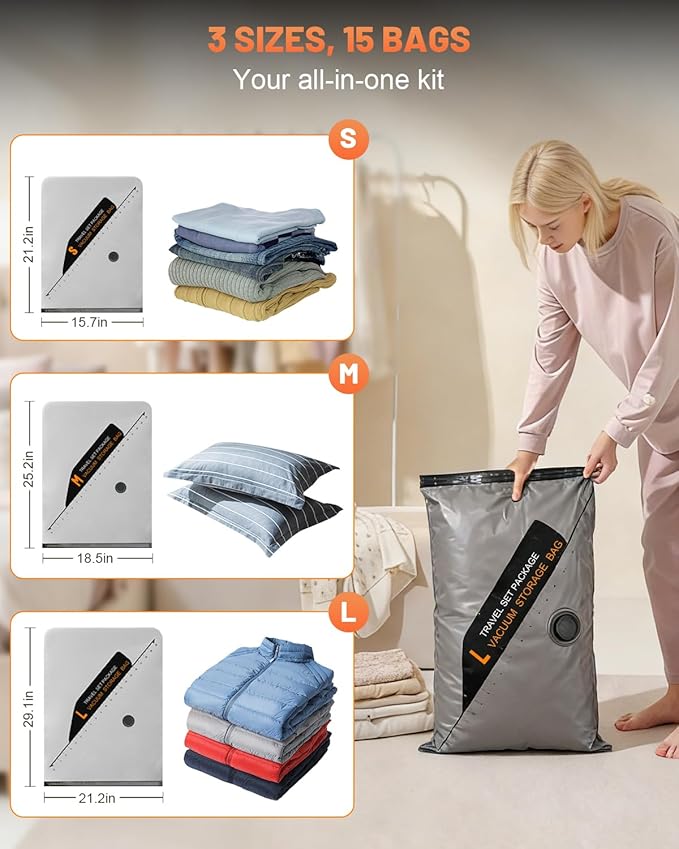 Numola 15 Pack Space Saver Vacuum Storage Bags with 6000Pa Wireless Air Pump for Clothes Comforters, 5 Jumbo+5 Medium+5 Small Storage Bags Vacuum Sealed, Compression Packing Ziplock Bags for Suitcase