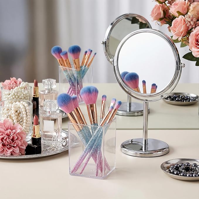 2 Pcs Pen Holder Acrylic Cylinder Container Stylish Clear Acrylic Desk Organizer Makeup Brush Storage Desktop Pencil Cup Clear Stationery Organizer for Home School Office Supplies Countertop