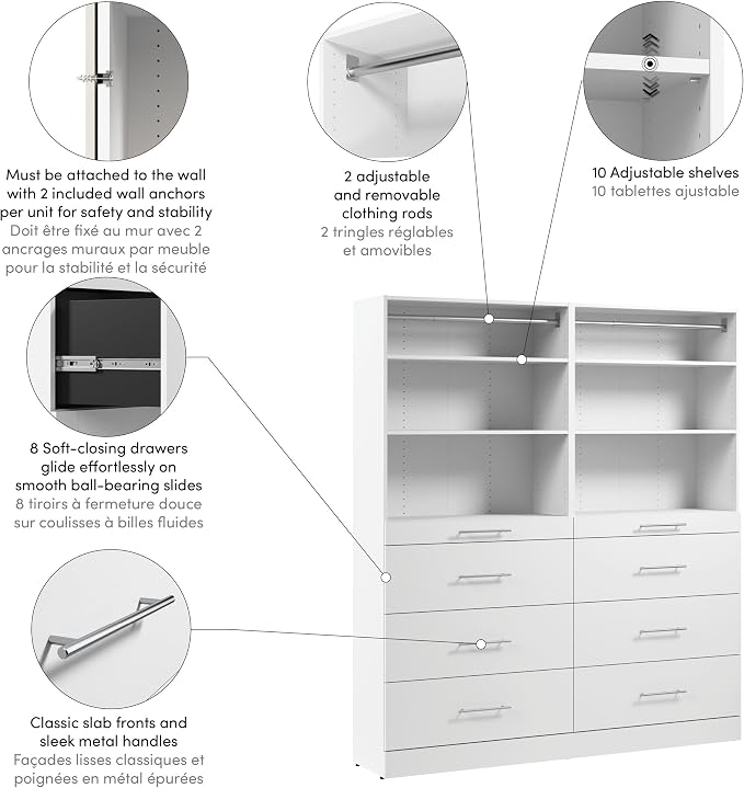 Bestar 71W x 16D Modular Closet Organizer System, Reach-in or Walk-in Closet with Shelves and Drawers, Slab Style, Florence Collection, White