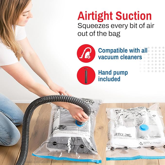 Spacesaver Jumbo Vacuum Storage Bags for Blankets & Clothes – Jumbo Vacuum Sealed Compression Bags with Hand Pump – Space Saver Storage Bags for Bedding, Moving, Travel & Organization (8 Pack)