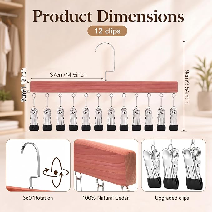 Novabright 4 Pack Cedar Hangers with 12 Clips, 360° Rotating Multi Clip Hangers for Closet, Wooden Hanging Space Saving Organizer for Leggings Pants Jeans Socks Hats Scarves Bras Accessories