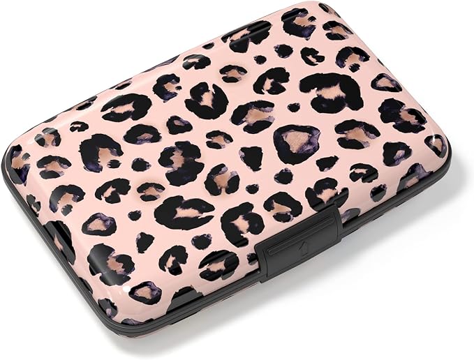 Credit Card Holder, Mini Aluminum Card Wallet RFID Blocking Slim Metal Hard Card Case for Women Men, Pink Leopard