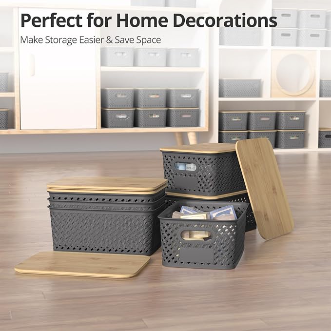 Plastic Storage Bins with Bamboo Lids, Stackable Small Box Baskets for Organizing and Containers for Shelves Drawers Desktop Closet Pantry Classroom Office Home, 6 Pack 10.2x7.2x4.1 Inch, Gray