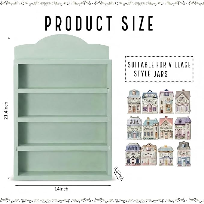 Chunful Vintage Spice Jar Wooden Rack Green Cottagecore Spice Shelf for 24 Jars, Village Style Wall Mounting Kitchen Storage Decorative Hanging Display Rack, Shelf Only(21 x 14 Inches)