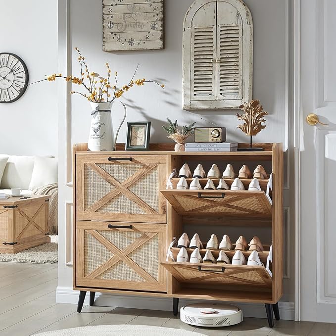 Barnyatoh Shoe Storage Cabinet, Boho Shoe Organizer with 4 Flip Drawers & Rattan Design,Farmhouse Freestanding Hidden Slim Narrow Shoe Rack Cabinet for Entryway, Foyer,Hallway,Natural