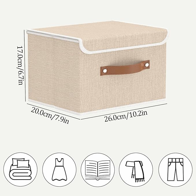 OUTBROS Storage Boxes, Collapsible Storage Bins with Lids, Cotton and linen cloth Storage Baskets with Handle, for Books, Closet, Beige, 3 Pack 10.2 x 7.9 x 6.7in