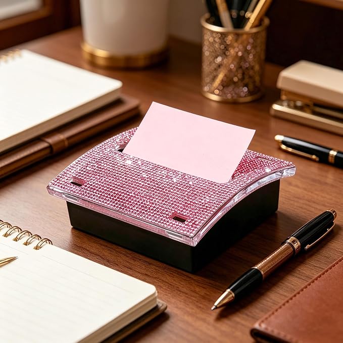 Pink Rhinestone Sticky Note Dispenser 4x4 Inches | Bling Pop-Up Memo Holder for Office Desk, Cute Desktop Organizer, Employee Coworker Gift, Home Supplies