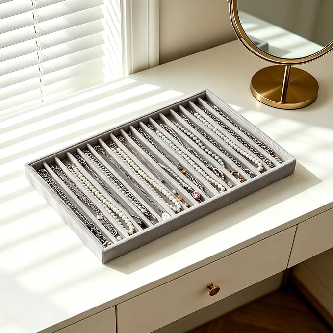 Large Stackable Jewelry Tray 4 Pack Velvet Jewelry Display Drawer Inserts Trays Organizer for Earring Bracelet Necklace Ring (Gray, 17 Grids)