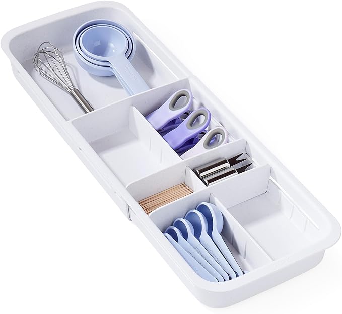 YouCopia DrawerFit Sliding Drawer Tray with Adjustable Dividers, Expandable Kitchen Storage Organizer, Speckled White