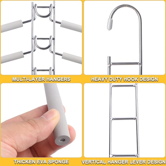 Space Saving Hangers for Clothes 4 Pack Closet Storage | Heavy Duty Non-slip Foam Padded, Detachable Design. Fits Shirts, Coats, Suits. Perfect Storage for Dorms & Apartments Grey