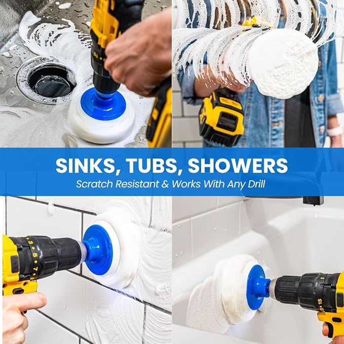 RotoScrub 7 Pack Drill Brush Set for Deep Cleaning, Scratch Resistant, Bathroom, Oven, Countertops, Sinks, Soap Scum, Tile, Boats, Patio Furniture & More | 6 reusable non-scratch white nylon pads for showers, tubs, tile, grout, sinks and counters; fits...