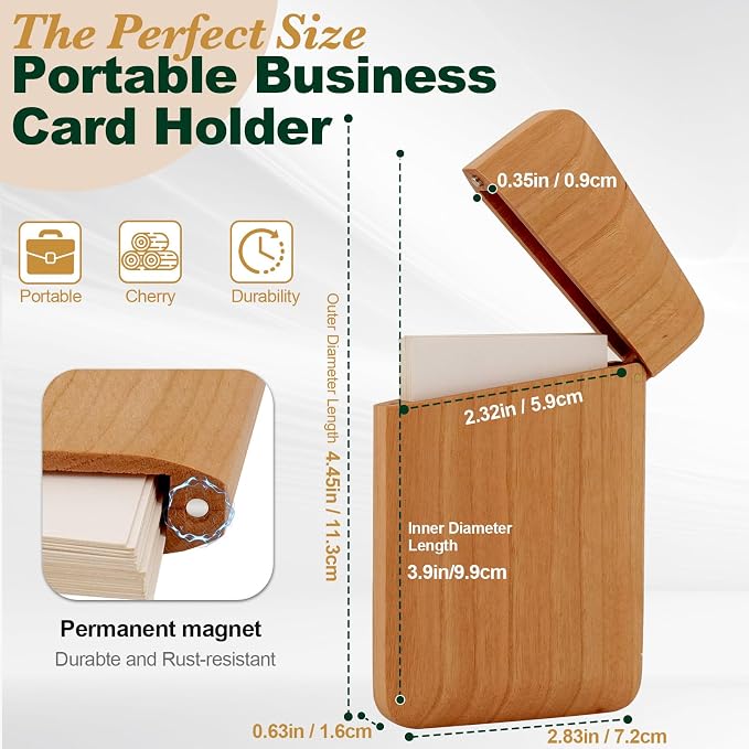 Wood Business Card Holder Wooden Magnetic Business Card Case Portable Simple (Cherry)