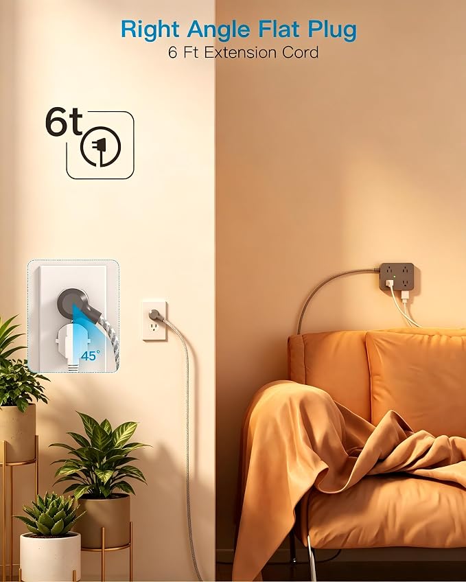 HANYCONY 6 Ft Surge Protector Power Strip with USB C, Extension Cord with 8 Outlets 4 USB Ports(2 USB C), Flat Plug, Wall Mount, 3 Side Outlet Extender for Home Dorm Room Essentials, ETL Listed