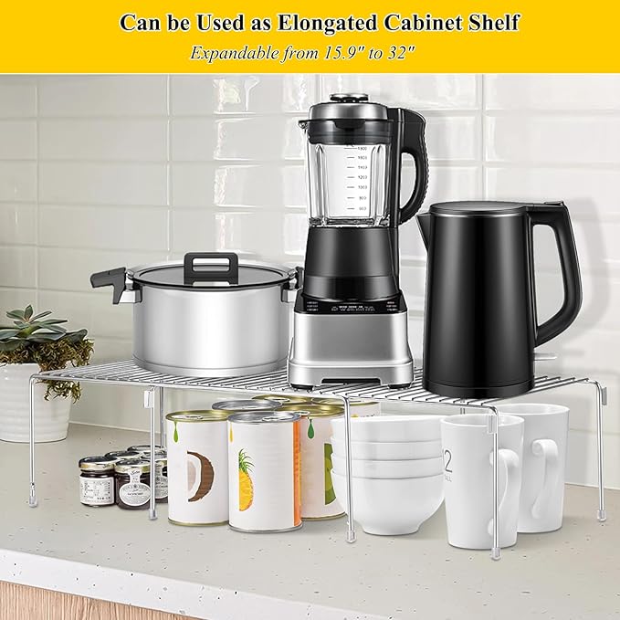 Set of 2 Kitchen Cabinet Organizer Shelves, Stackable Organizer and Storage for Cabinet Cupboard, Expandable Shelf Risers Plate Rack with Anti-Slip Plastic Liner