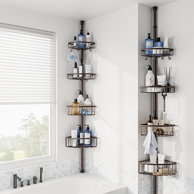 Corner Shower Caddy Tension Pole: Stainless Steel Rustproof 4-Tier Shower Organizer - 47-121 inch Adjustable Bathroom Shelves for Bathtub Shampoo Storage - Tension Rod Floor Standing Bath Rack -Bronze