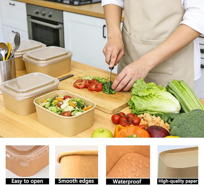 25 Pack 29oz Disposable Kraft Paper Bowls with Lids and Forks, Meal Prep Containers Disposable Soup Serving Bowls Take Out Containers for Party, Microwave Safe for Hot/Cold Food (Rectangular)