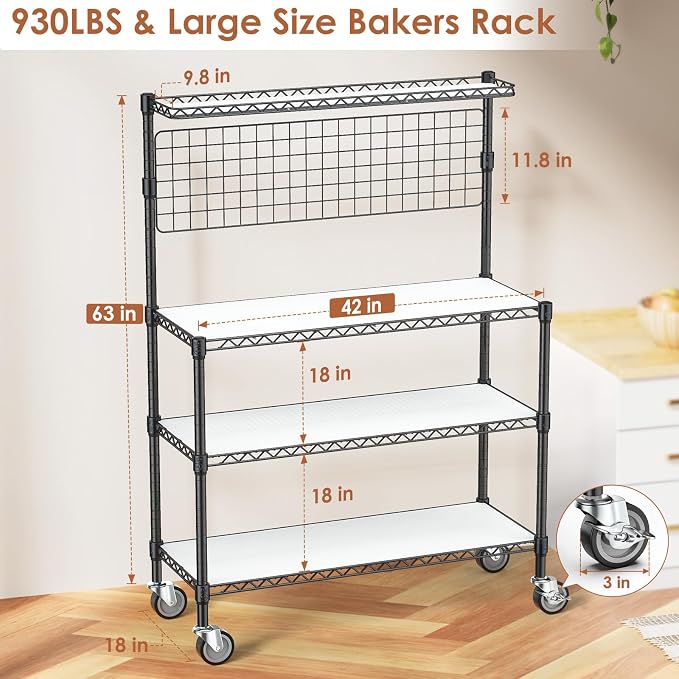 Bakers Rack with Storage & Wheels, 42In Microwave Stand Kitchen Shelves | 4-Tier Heavy Duty Storage Rack with 20 S-Hooks, Commercial Metal Utility Kitchen Cart, 42× 18× 63 Inch, Black