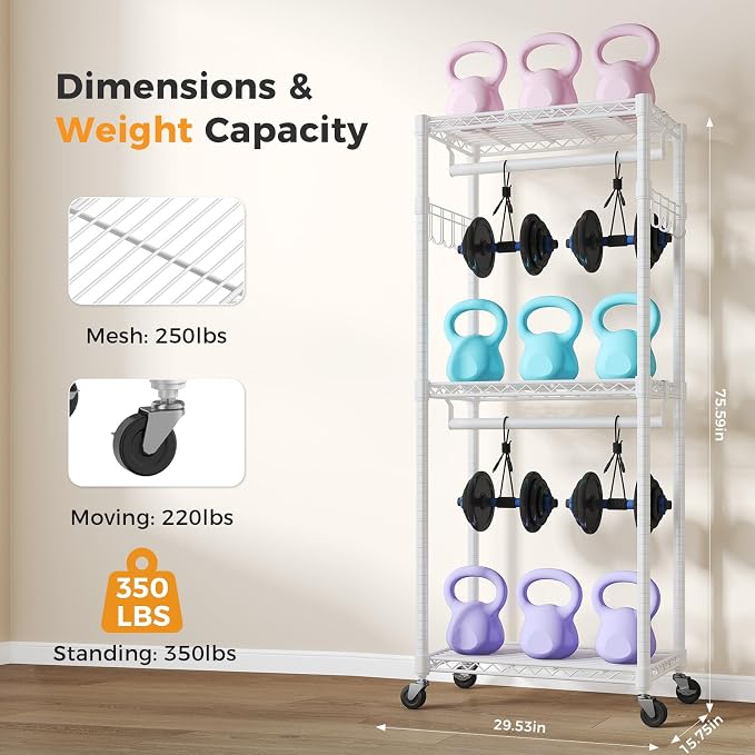 NEWBULIG Heavy Duty Clothing Rack with Wheels, 3-Tier Adjustable Wire Garment Rack, Metal Freestanding Closet Organizer System with Double Hanging Rods & 8 Side Hooks, 29" x 15" x 75", White