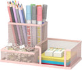 SUPEASY Mesh Pen Holder Desk Organizer, Office Supplies Pencil Storage with 3 Compartments, Office Desk Accessories and Workspace Organizers for Home School Classroom, Pink