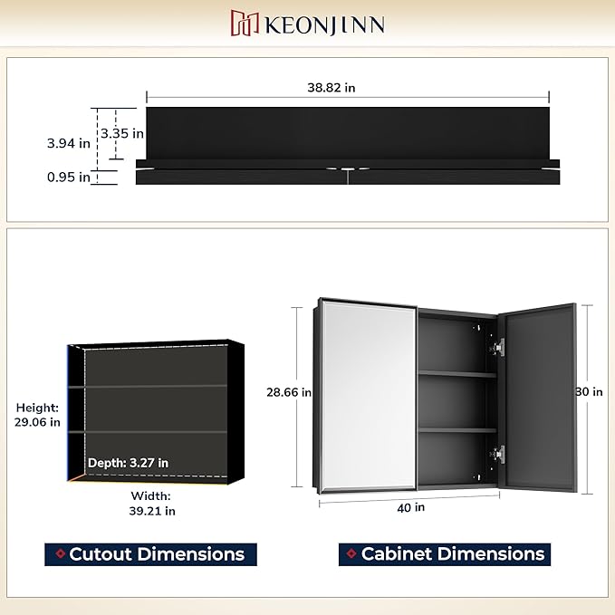 Keonjinn 40” x 30” Black Bathroom Medicine Cabinets with Mirror Recessed or Surface Wall-Mounted Aluminum Alloy Framed Beveled Mirror with Soft Close Hinge, 2 Doors Modern Bathroom Mirror with Storage