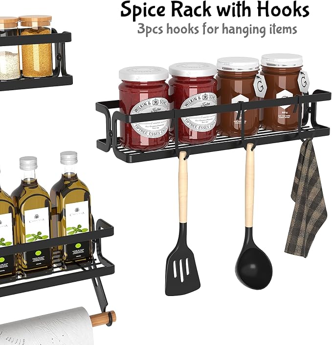 Spice Rack Wall Mount, Black, 3 Pack | Paper Towel Holder and Hooks, Screw or Adhesive Hanging, Space Saving, For Seasonings, Stove, RV, Cabinet