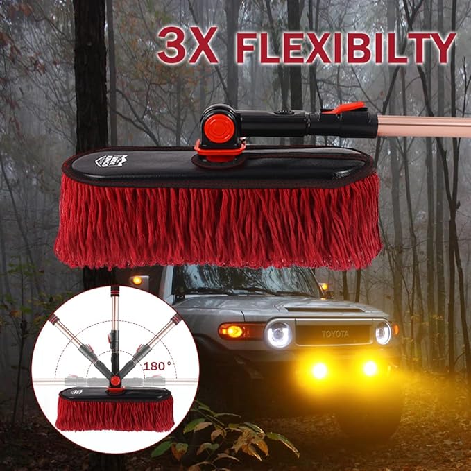 Car Duster Exterior with Extendable Handle, Scratch Free Auto Wash Brush Mop, Interior Detailing Kit for Truck RV Boat - 1PC Wax Cotton Duster, Bright Red